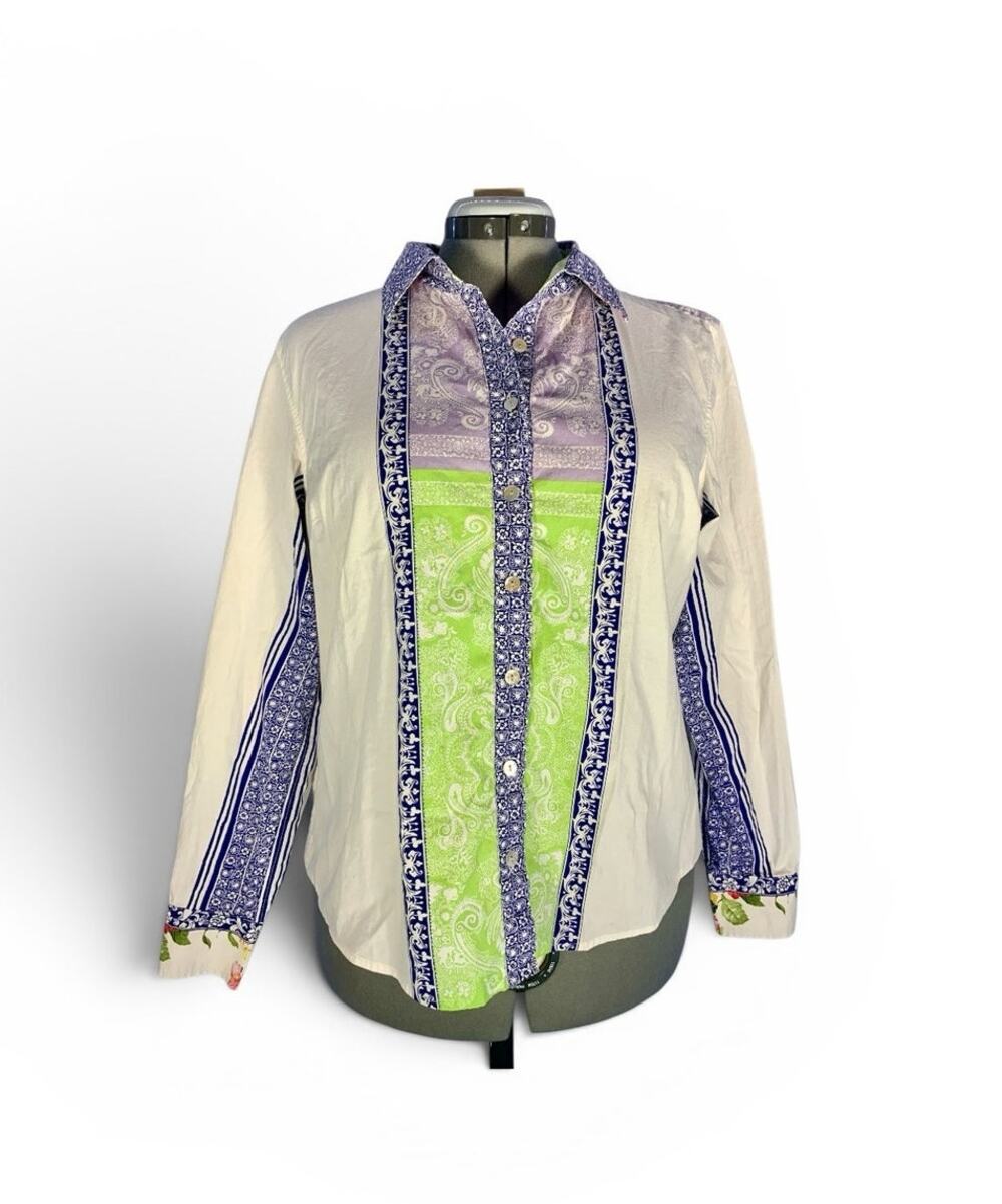 Orvis Multi Colored Patchwork Paisley Travel Boho Top, Women's 14, Garden Party